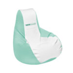 I'm looking at a light teal and white marine bean bag with a high backrest, "Pathfinders" logo, perfect for boat comfort. marine bean bag